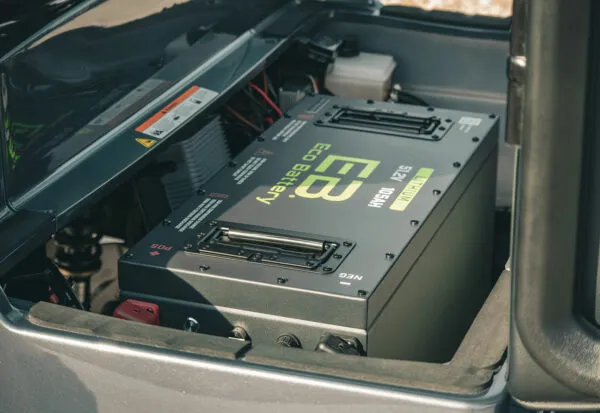 51V ECO lithium battery system installed under EPIC e40 seat with charge monitor