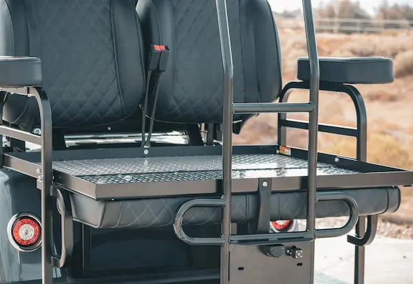 Rear flip seat and storage platform on EPIC e40 golf cart with durable frame support