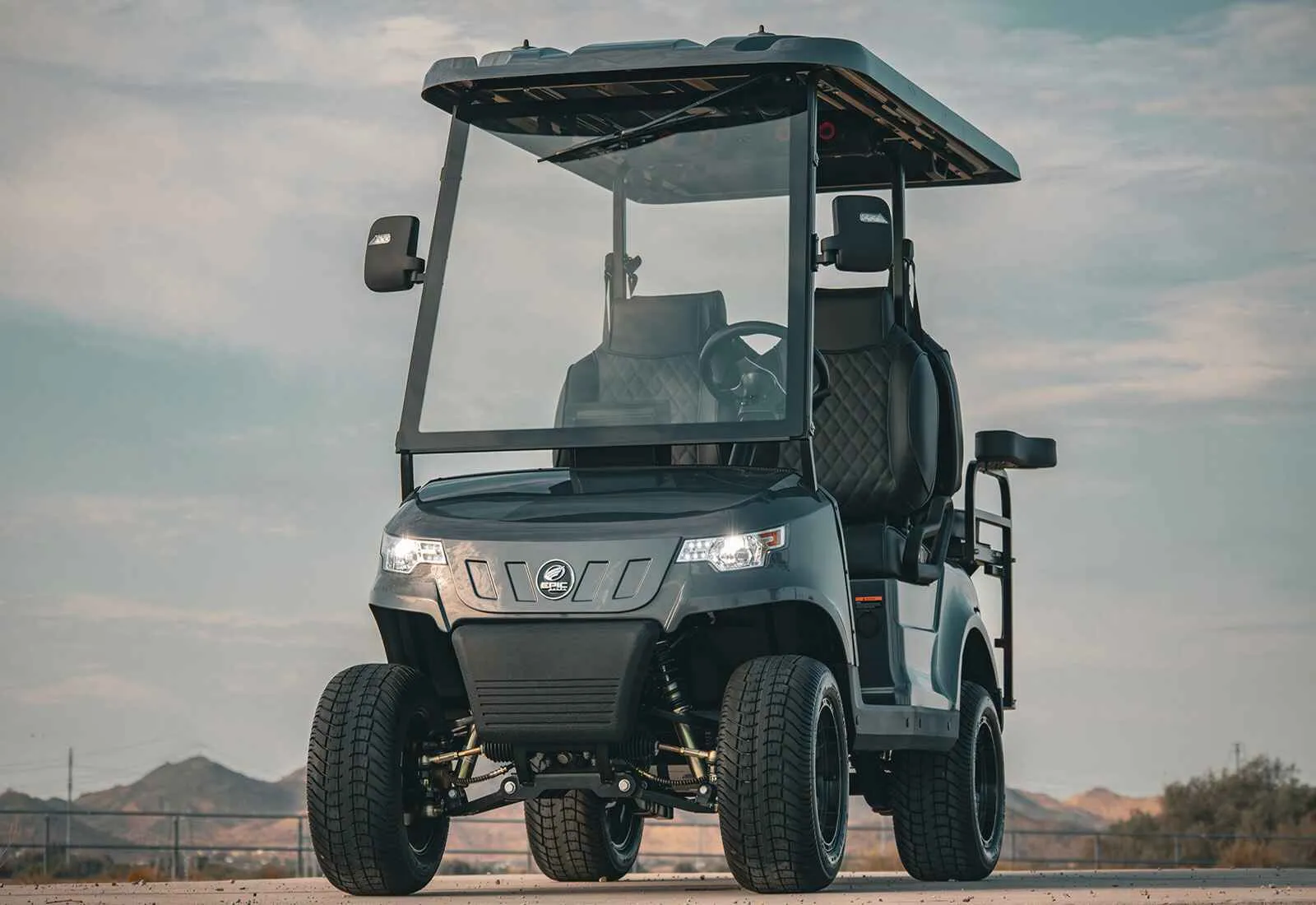 EPIC e40 4-passenger electric golf cart with low-profile body, black quilted seats, and street-legal design for Sarasota cruising