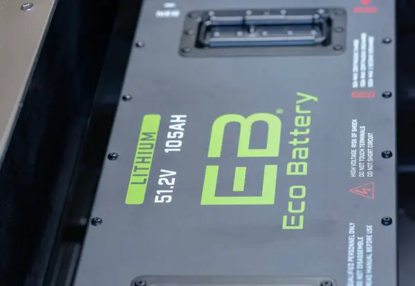 ECO lithium battery level monitor on EPIC e40FX golf cart showing charge percentage and power readout