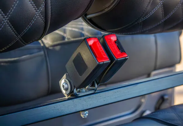 Seat belt and rear bench area of EPIC e60 electric golf cart, built for comfort and safety