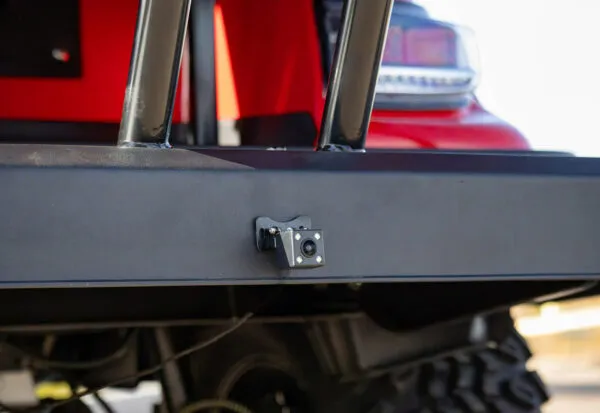 Rear view of ICON i40L golf cart showing cooler platform and integrated hitch for hauling