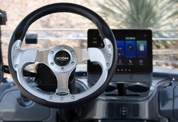 ICON i60 steering wheel and refined dash controls for 6-seat street-legal golf cart